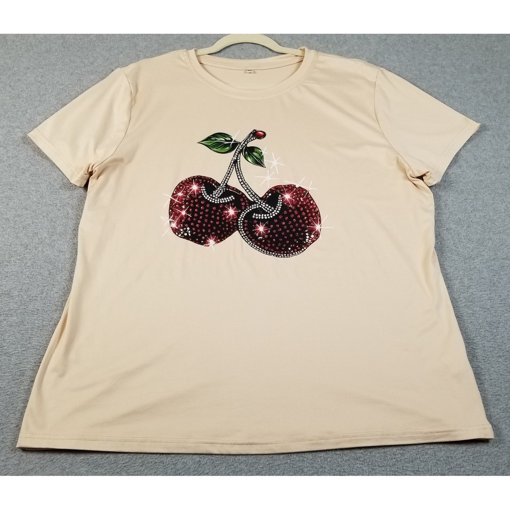 Sparkling Cherry Graphic T-Shirt Women‎ XXL 2XL Beige Red Print Short Sleeve Tee